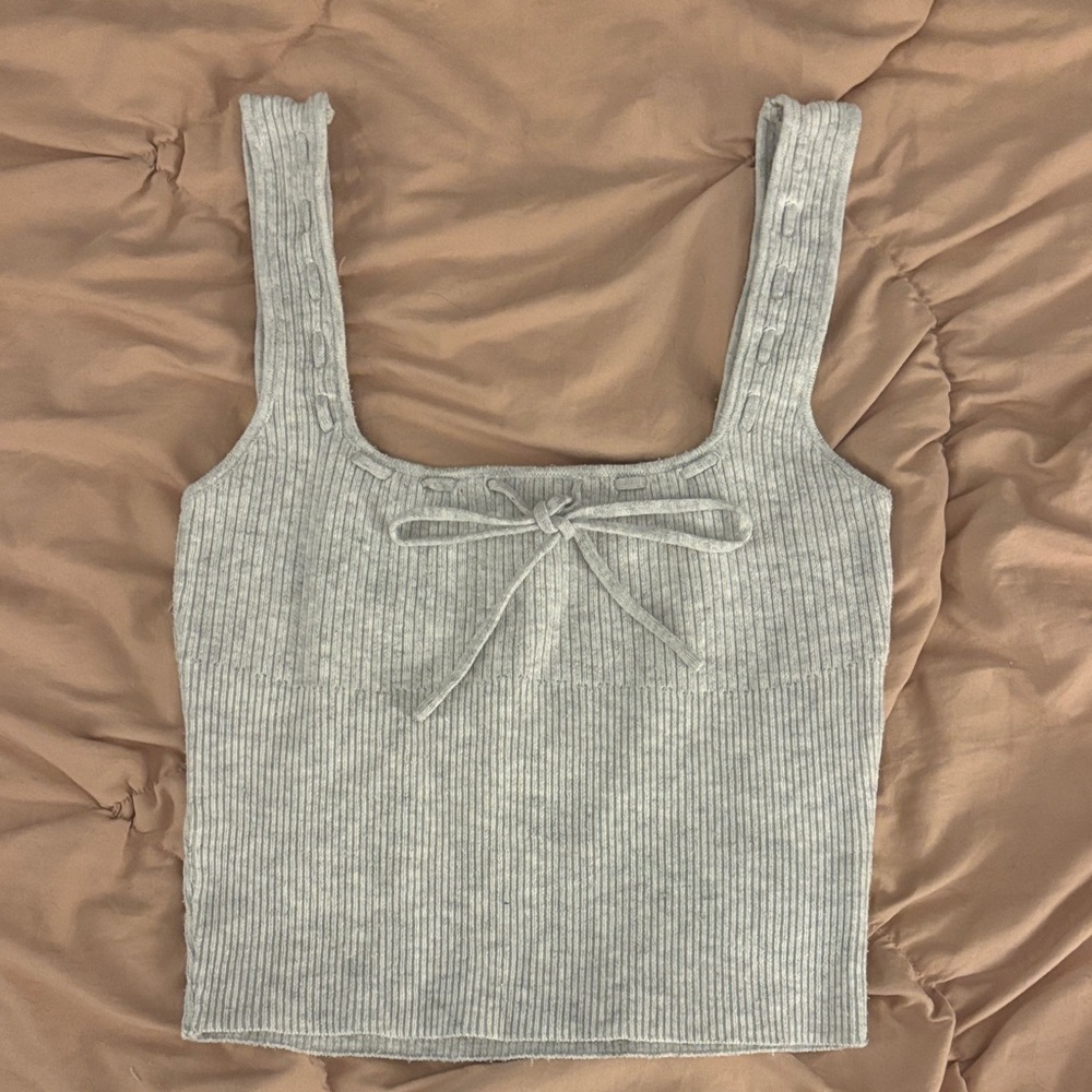 Princess Polly Cream Ribbed Tie-Front Cropped Tank - Picture 2 of 5